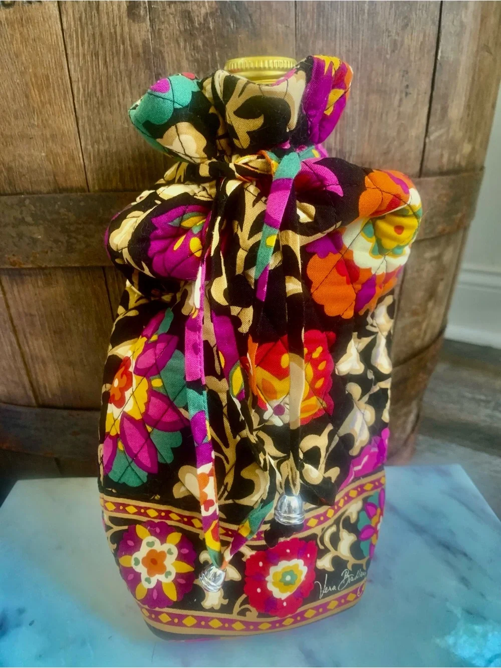 Vera Bradley Boho Black Floral Drawstring Cheers to You Quilted Bottle Bag